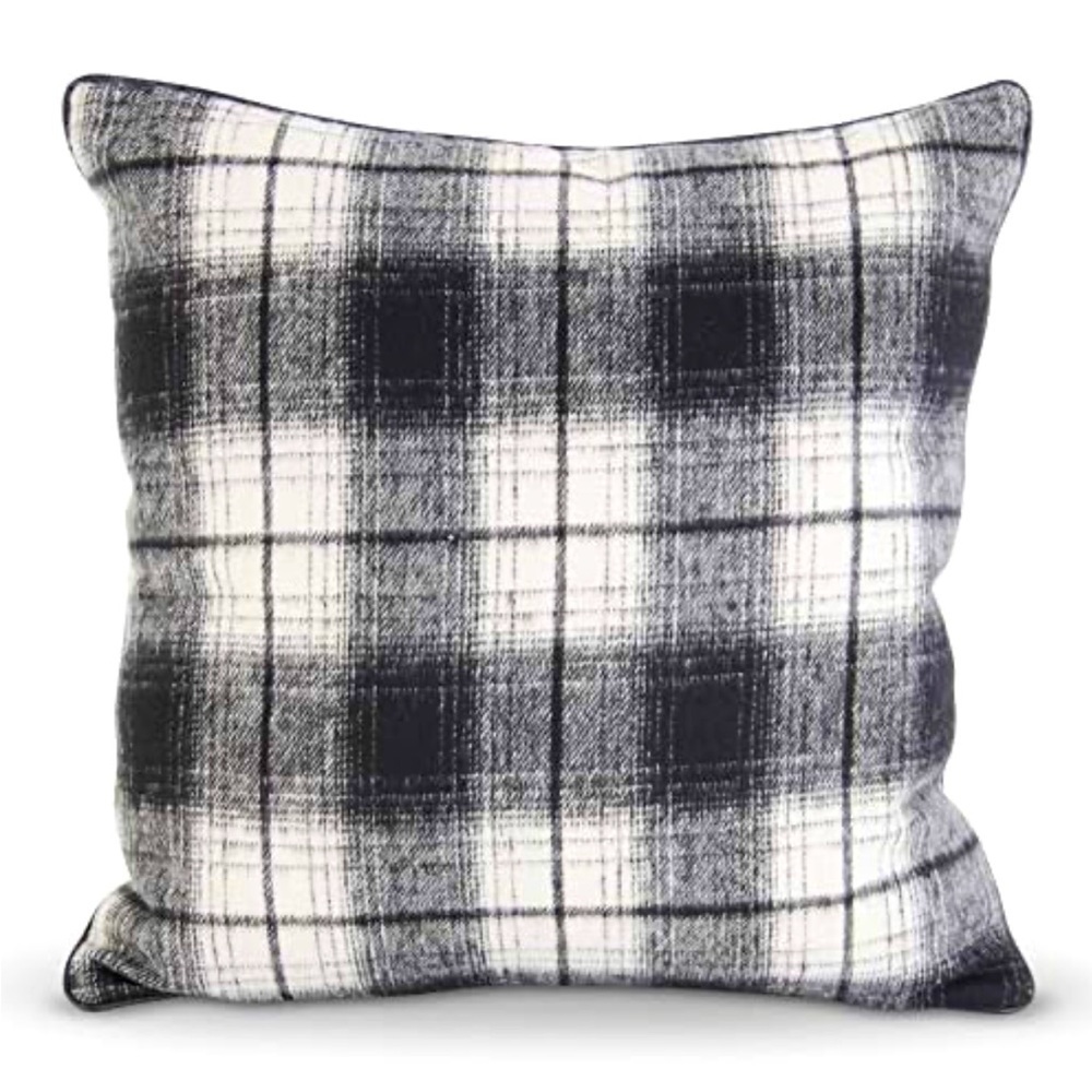 Black and White Plaid Accent Pillow with black leather piping 23”x24”